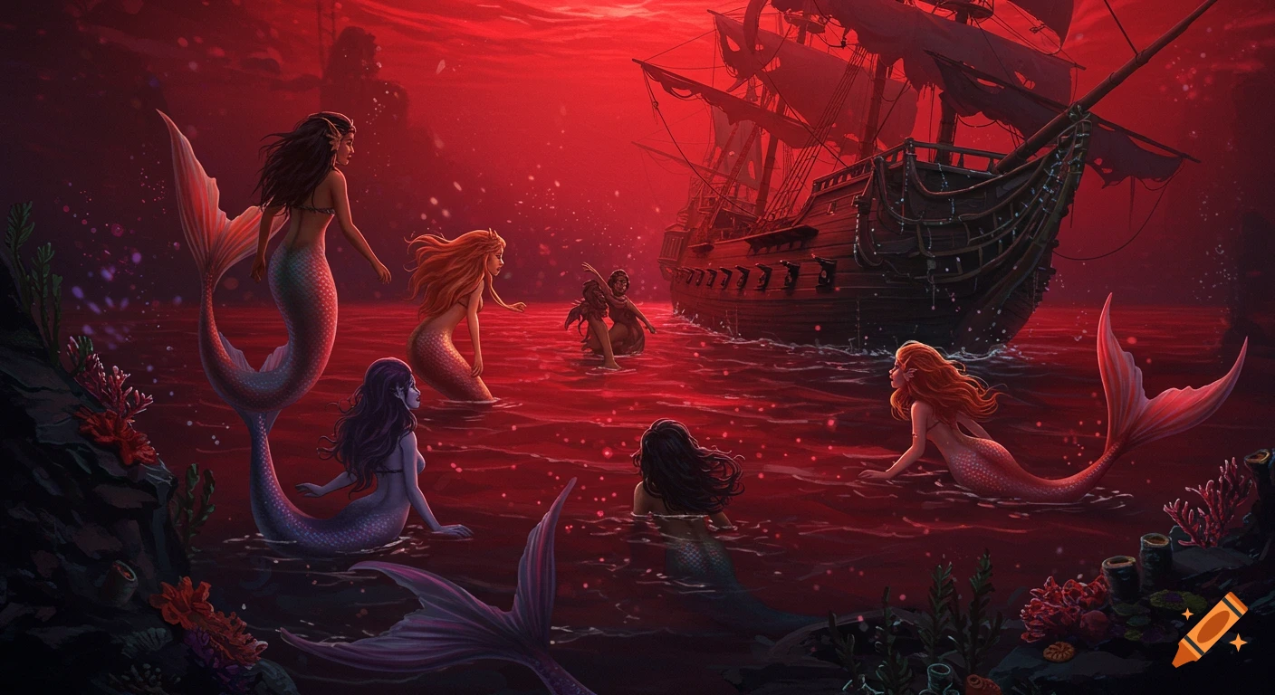 Fantasy art of mermaids in a red ocean surrounding a pirate ship, with a person struggling in the water.