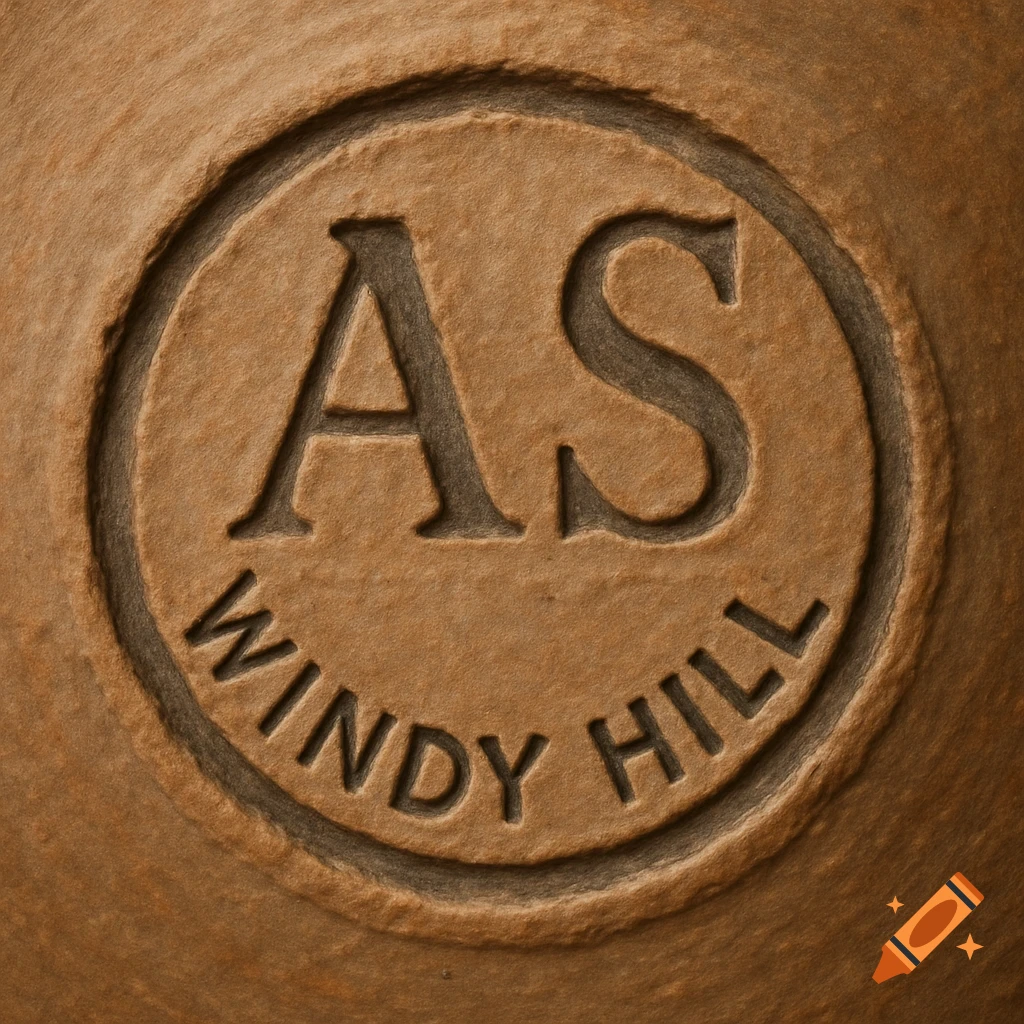 A close-up of a circular pottery stamp embossed with the letters AS above the words WINDY HILL in brown, textured clay.