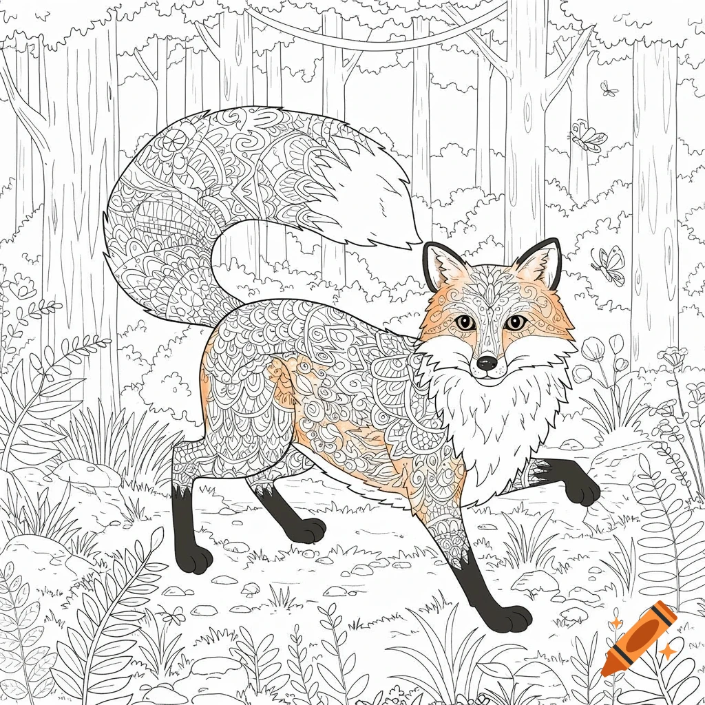 An intricate black and white line art coloring page of a patterned fox standing in a forest with trees and plants.