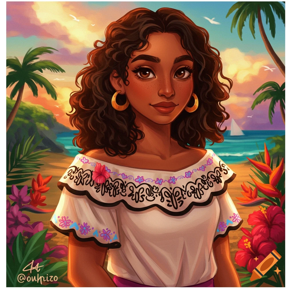 Stylized portrait of a young woman with curly brown hair in a white embroidered top, set against a vibrant tropical beach sunset with palm trees.