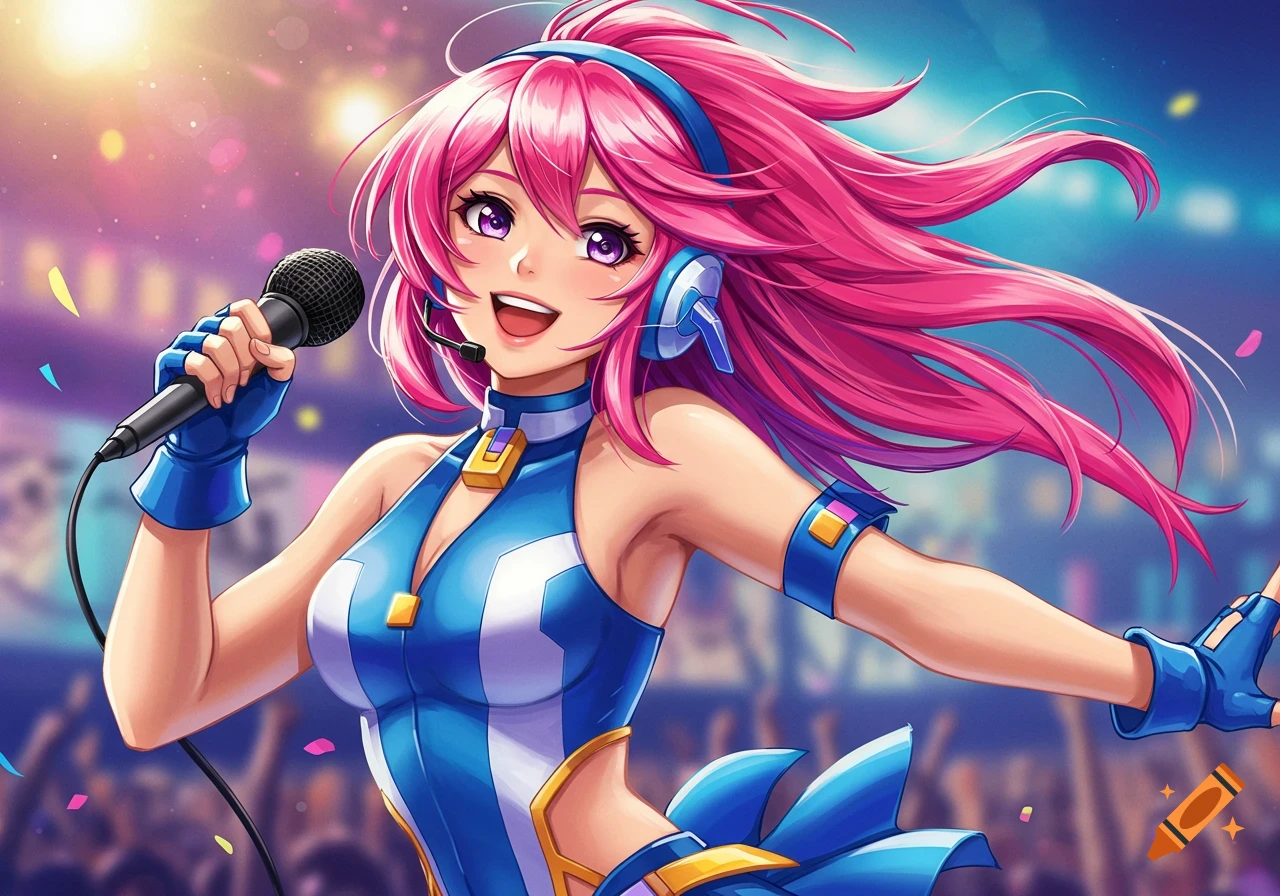 A vibrant anime-style illustration of a pink-haired woman with headphones singing into a microphone on a brightly lit stage with confetti.