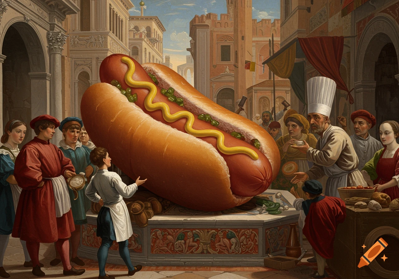 A giant hot dog with mustard and relish sits on a pedestal in a bustling Renaissance town square, surrounded by curious onlookers in period attire.