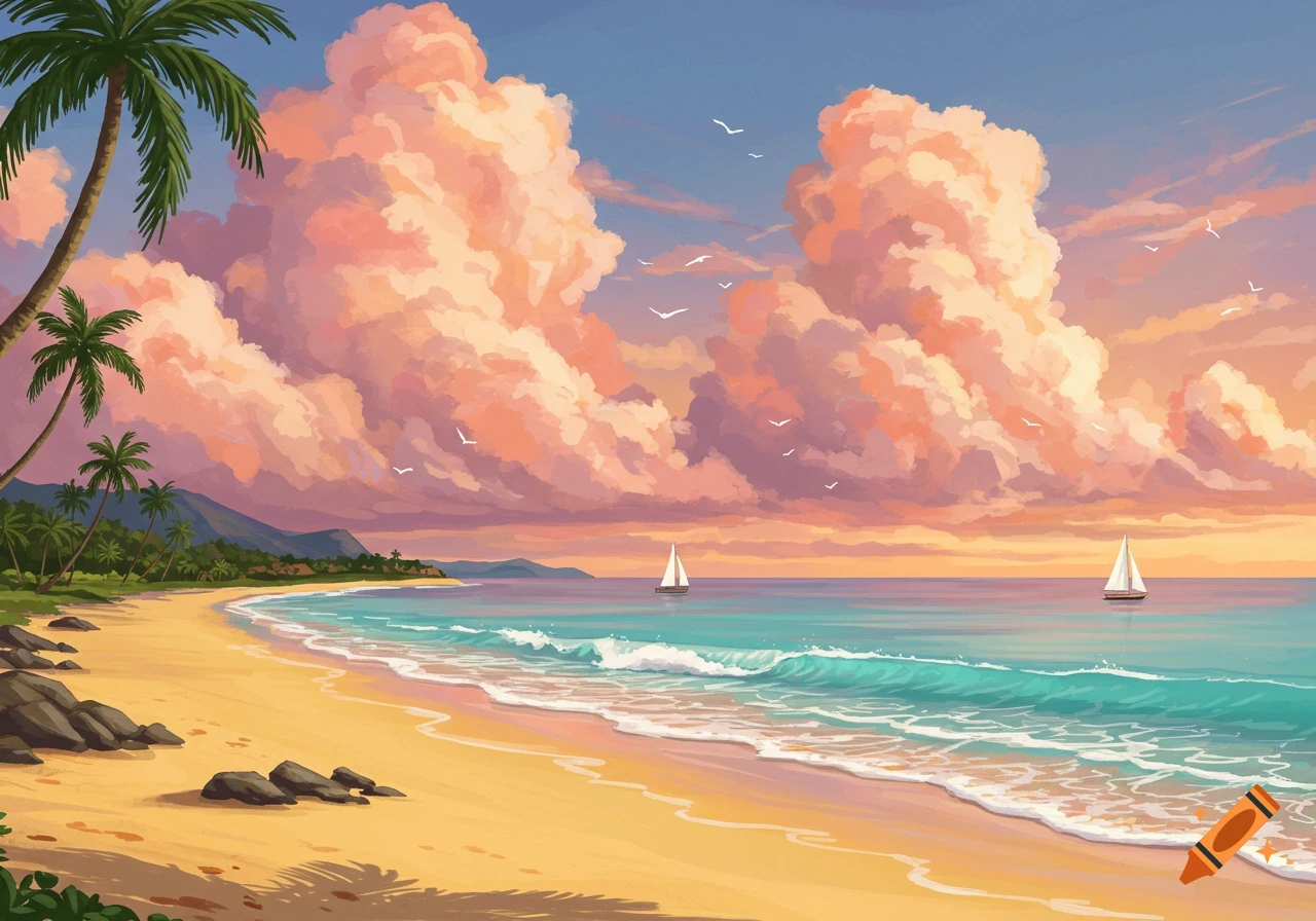 A vibrant tropical beach at sunset with palm trees, orange clouds, turquoise water, and two sailboats.