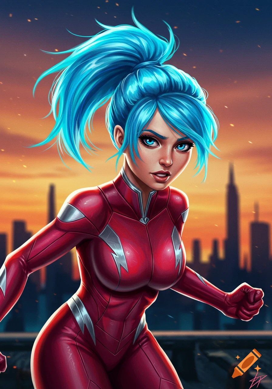 A vibrant illustration of a superhero girl with bright blue hair and a red and silver suit, against a cityscape at sunset.