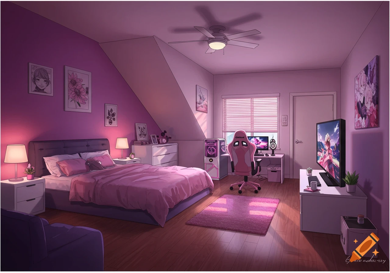 A pink and purple anime-style bedroom featuring a queen bed, a pink gaming chair, a PC, and a large TV.