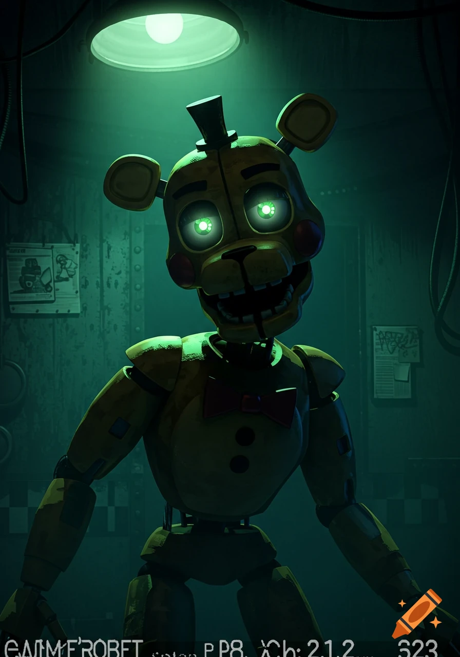 A yellow animatronic bear with glowing green eyes and a red bow tie stands in a dark, creepy room under a green light, in the style of Five Nights at Freddy's.