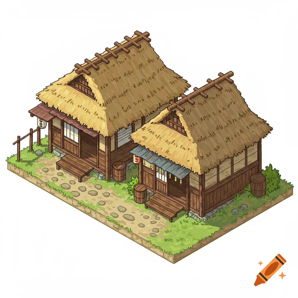 Two weathered, isometric feudal Japanese minka farmhouses in a vibrant, clear pixel anime art style on a white background.