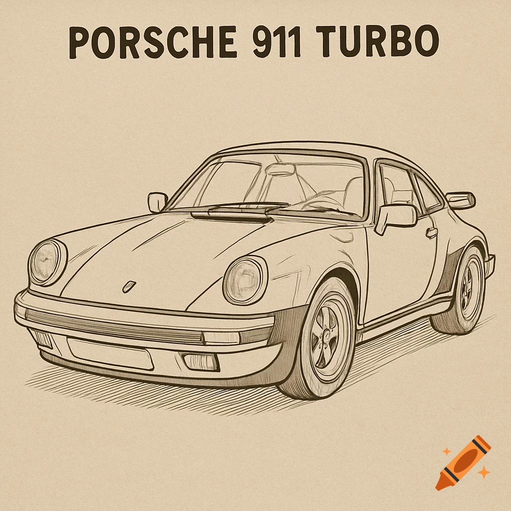 Line art illustration of a Porsche 911 Turbo car on a beige background.