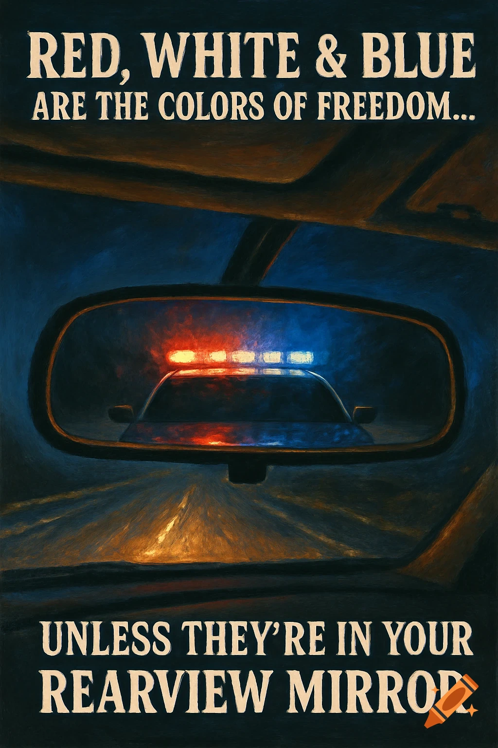 A dark, painterly image depicting a car's rearview mirror reflecting a police car with flashing red and blue lights at night.