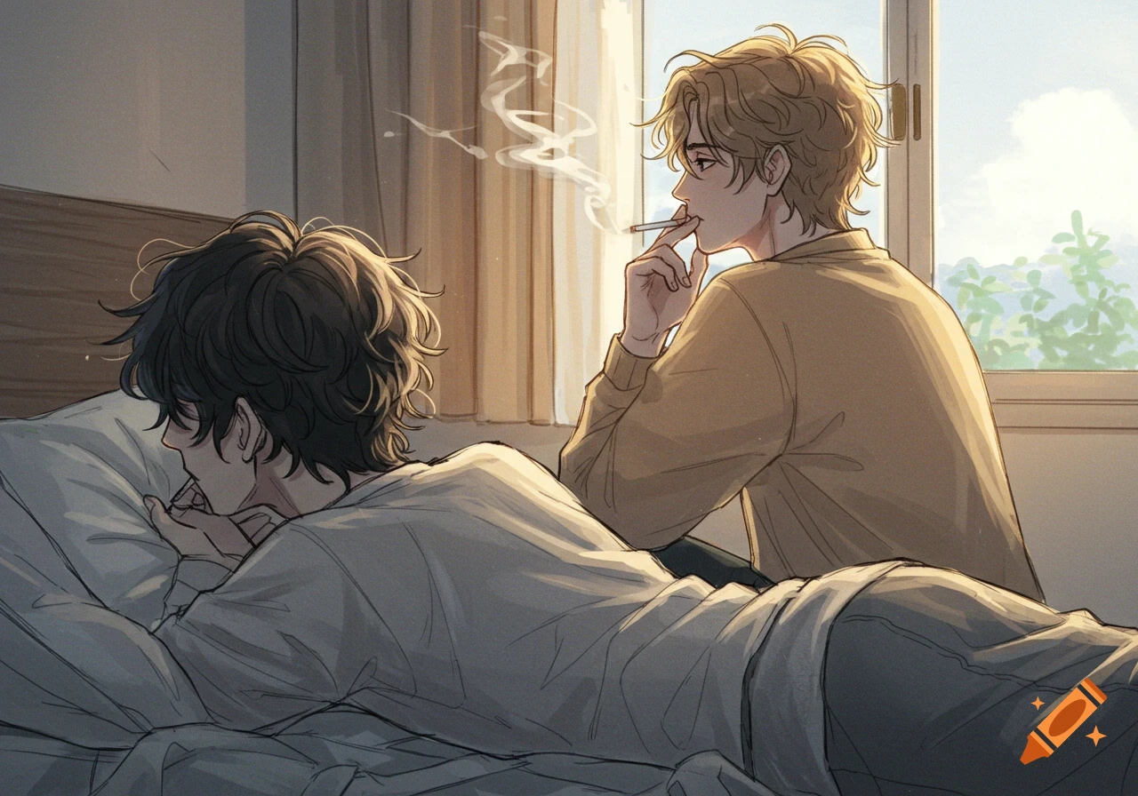A pencil-sketched anime drawing of a man lying on a bed looking at another man smoking a cigarette by a sunlit window.