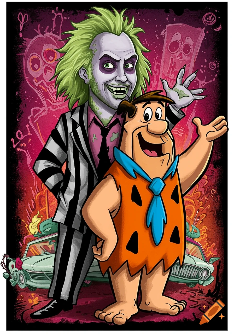 Cartoon illustration of Beetlejuice and Fred Flintstone standing together, with a classic car in the background.