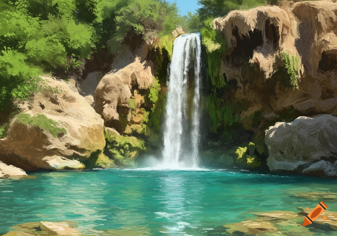 A vibrant painting of a waterfall cascading into a clear turquoise pool surrounded by rocky cliffs and lush green foliage.