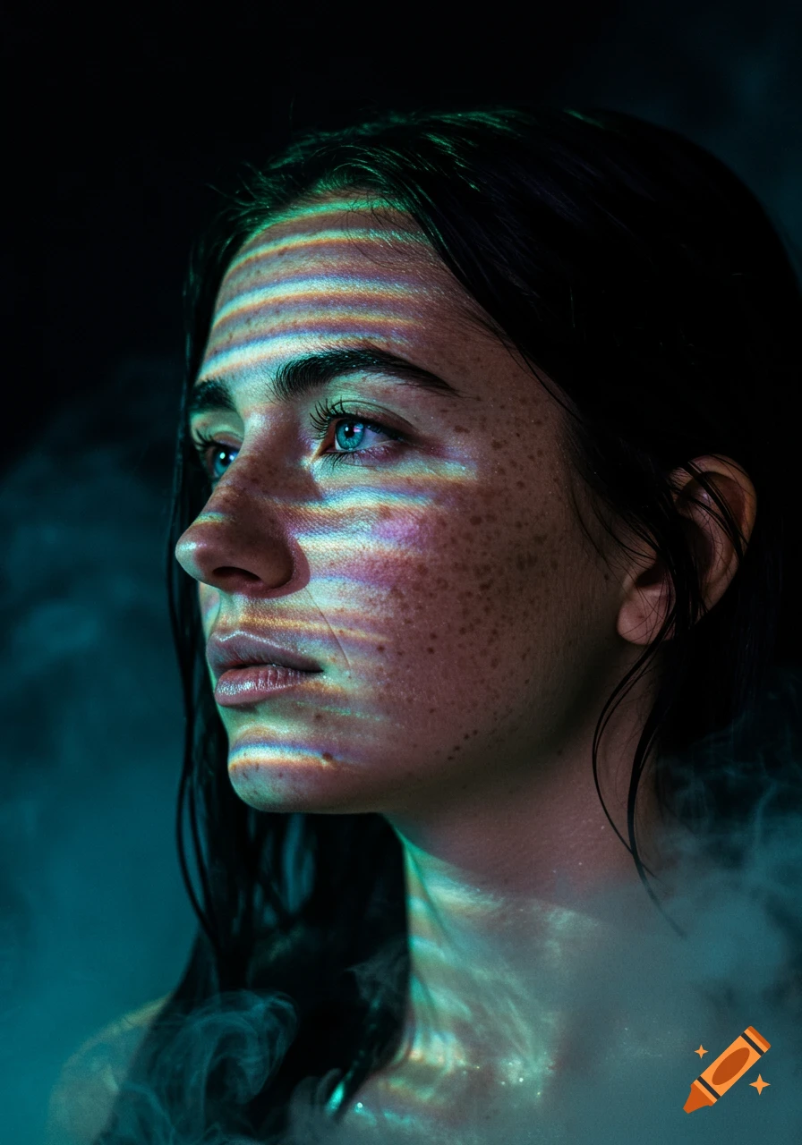 Close-up portrait of a woman with freckles and blue eyes, illuminated by colorful refracted light and wisps of smoke.