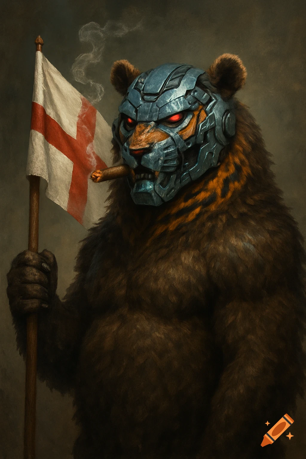 A heavily furred bear-like creature with a robotic tiger head, glowing red eyes, and a cigar, holds an England flag.