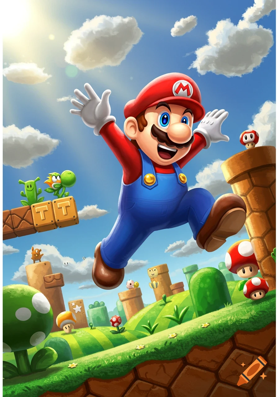 Mario jumps in a vibrant, cartoonish landscape with green hills, brown blocks, mushrooms, and a bright blue sky.
