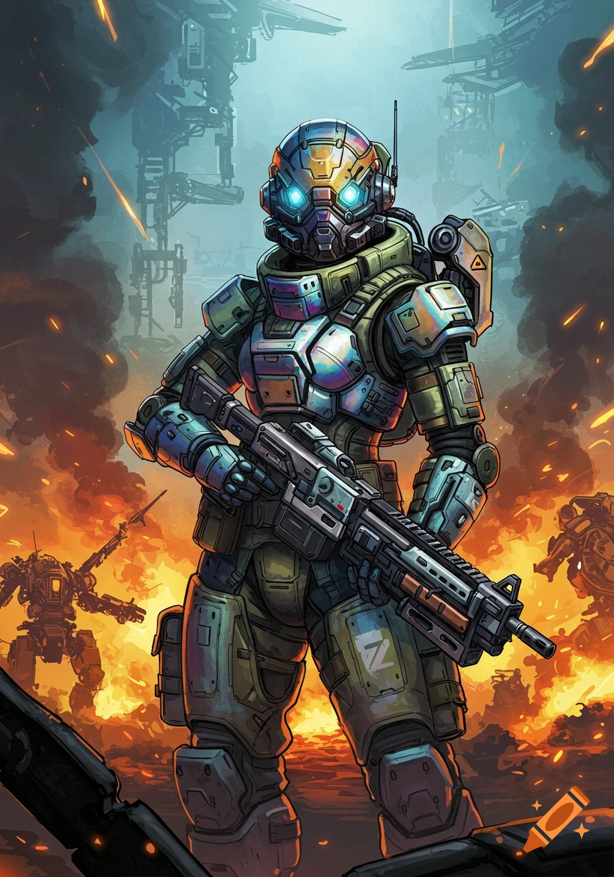 A futuristic pilot in colorful combat armor stands with a rifle on a burning battlefield with large mechs in the background, in a detailed illustrative style.