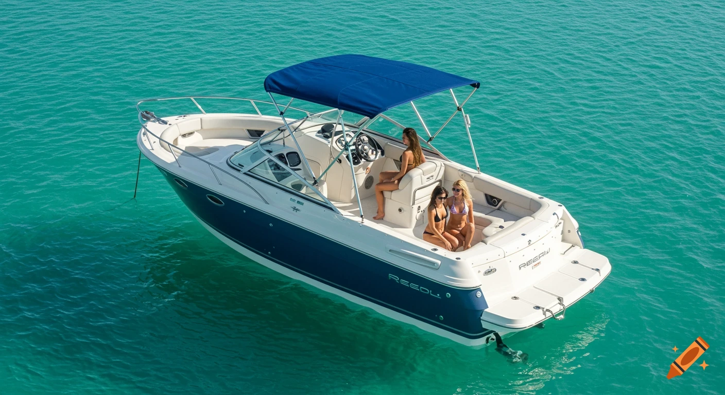 A photorealistic image of a white and blue boat with three women in bikinis floating on turquoise water under a blue canopy.