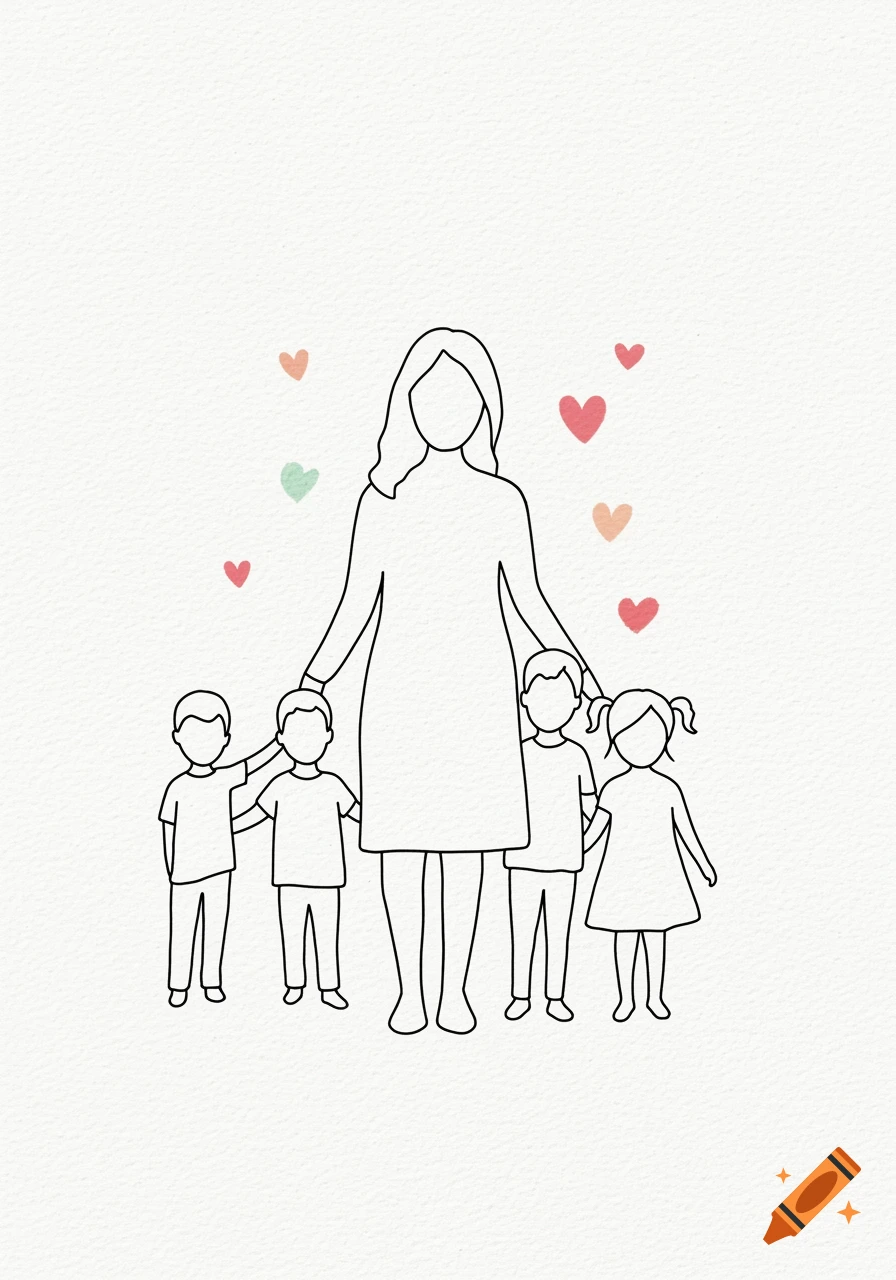Outline drawing of a woman with four children, surrounded by colorful hearts on a white background.