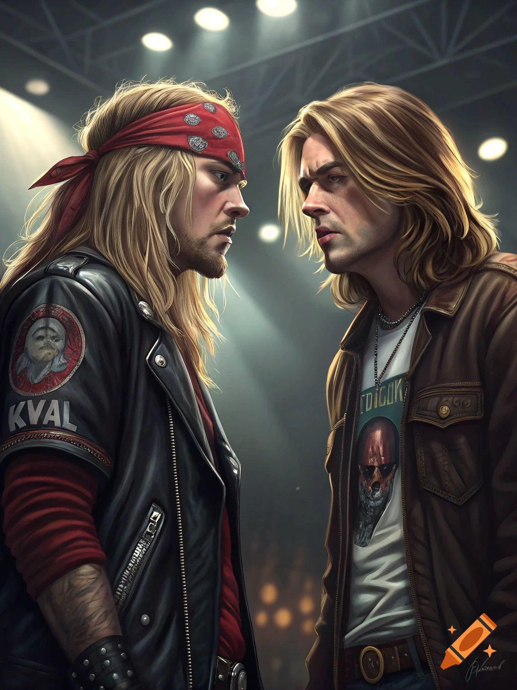 An illustrative depiction of two long-haired musicians resembling Axl Rose and Kurt Cobain facing each other intensely on a dimly lit stage.