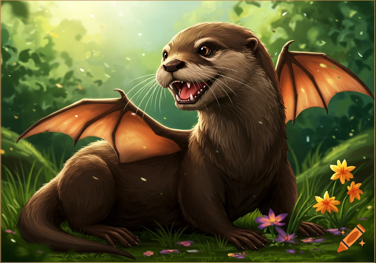 A detailed digital art image of a happy otter dragon with orange wings sitting in a lush green forest with colorful flowers.
