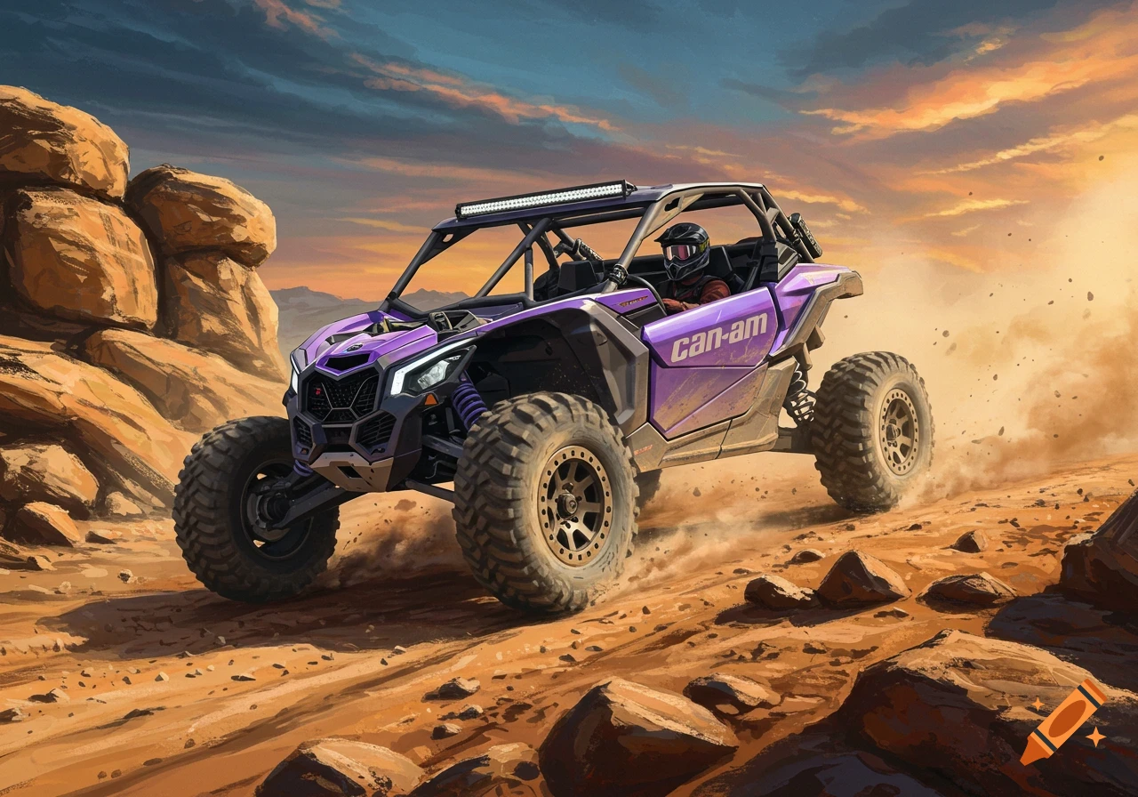 A purple Can-Am X3 off-road vehicle kicks up dust while driving through a rocky desert landscape under an orange and blue sky.