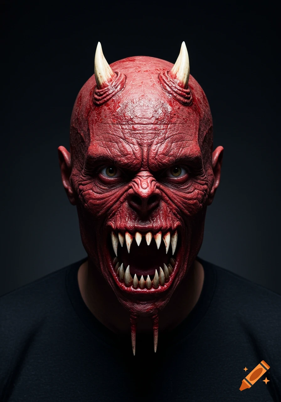 Close-up of a photorealistic red demon face with sharp teeth and horns, against a dark background.