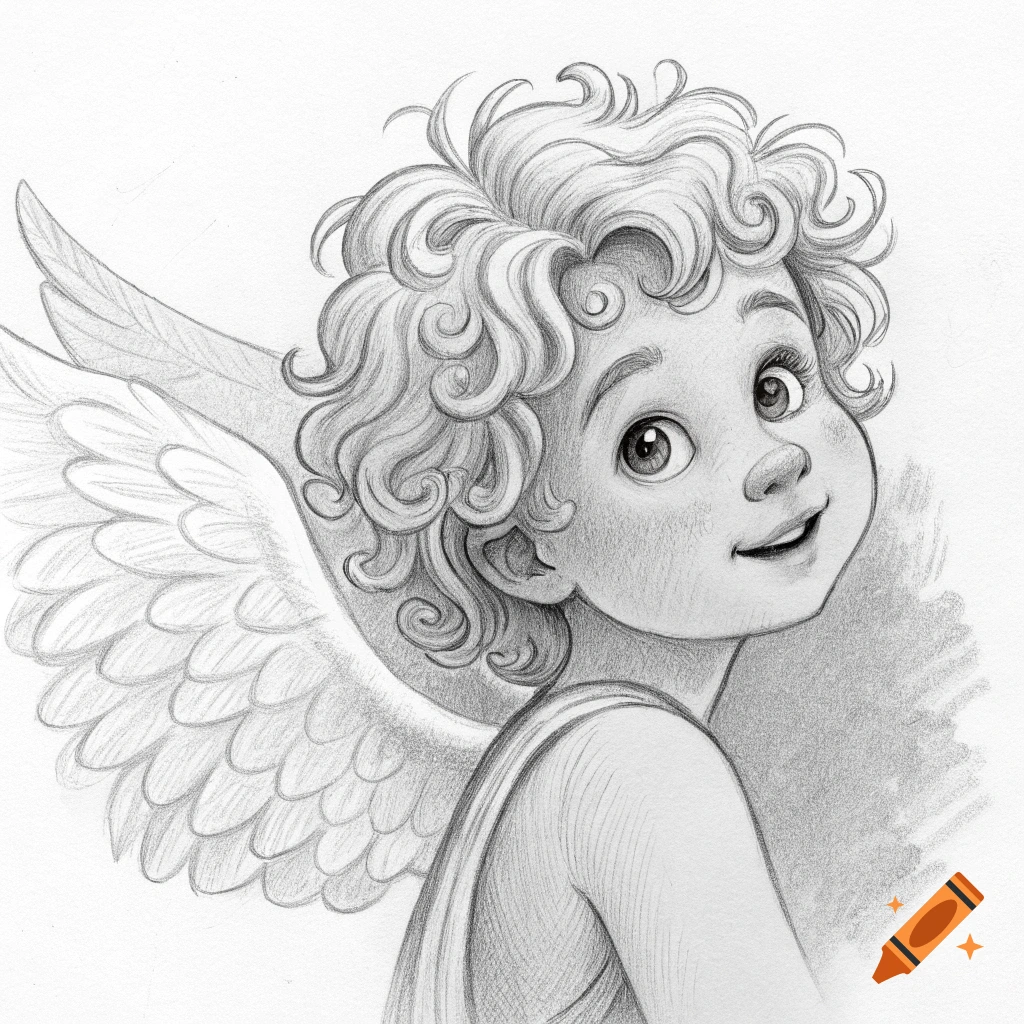 A detailed pencil sketch of a smiling cherub with curly hair and wings looking upwards.