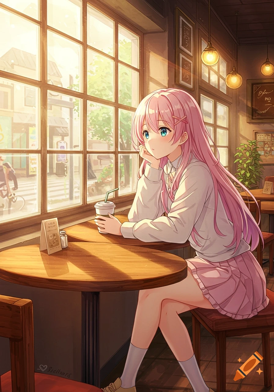An anime girl with pink hair sits at a wooden table in a coffee shop, looking out a large window while holding a drink.