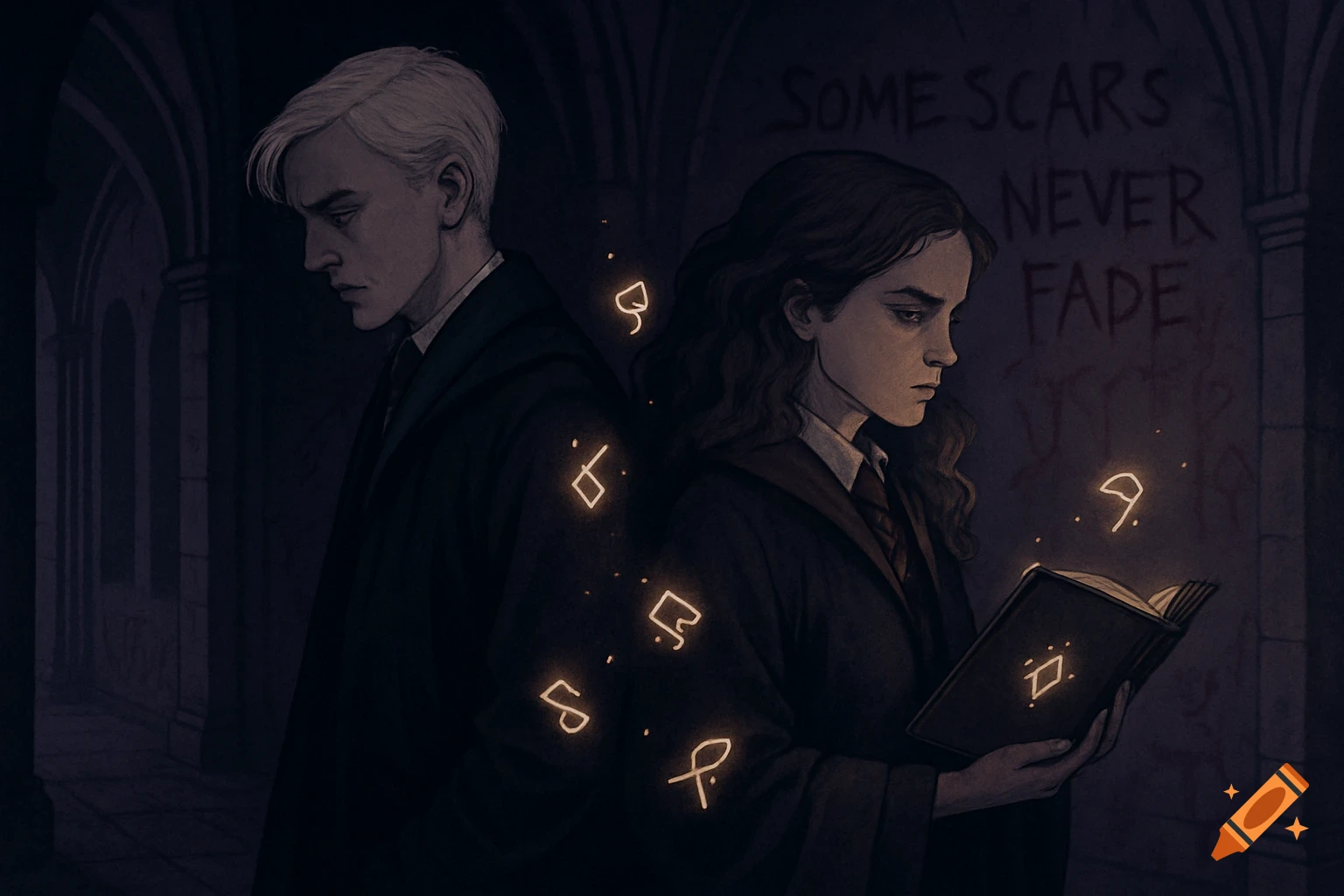 Digital illustration of Draco Malfoy and Hermione Granger in Hogwarts, standing back-to-back with glowing runes and text 'Some scars never fade' on the wall.