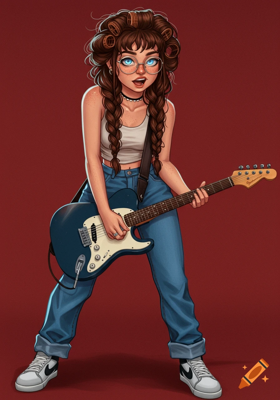 An illustrated young woman with braids, hair rollers, and glasses plays a blue electric guitar, wearing a white tank top, jeans, and Nike shoes.
