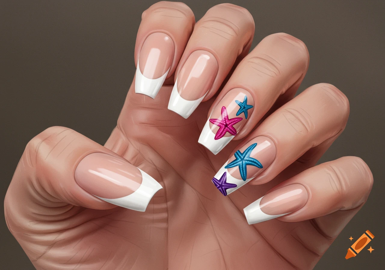 Close-up of a hand with French tip almond-shaped nails decorated with pink, blue, and purple starfish.