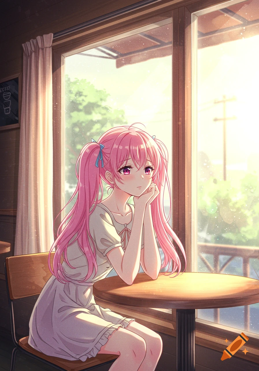An anime girl with long pink pigtails sits at a wooden table in a sunlit cafe, looking thoughtfully out the window.