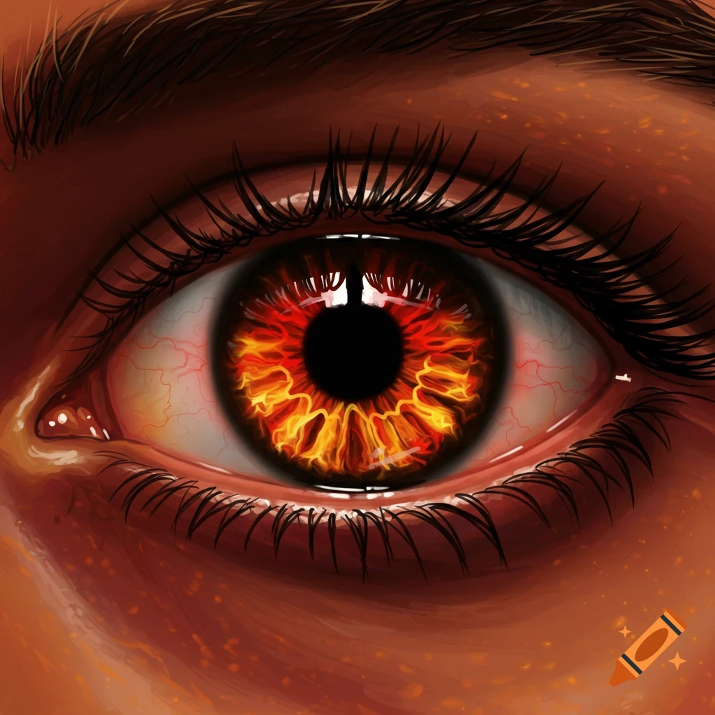 Close-up of a human eye with an iris made of red, orange, and yellow flames.
