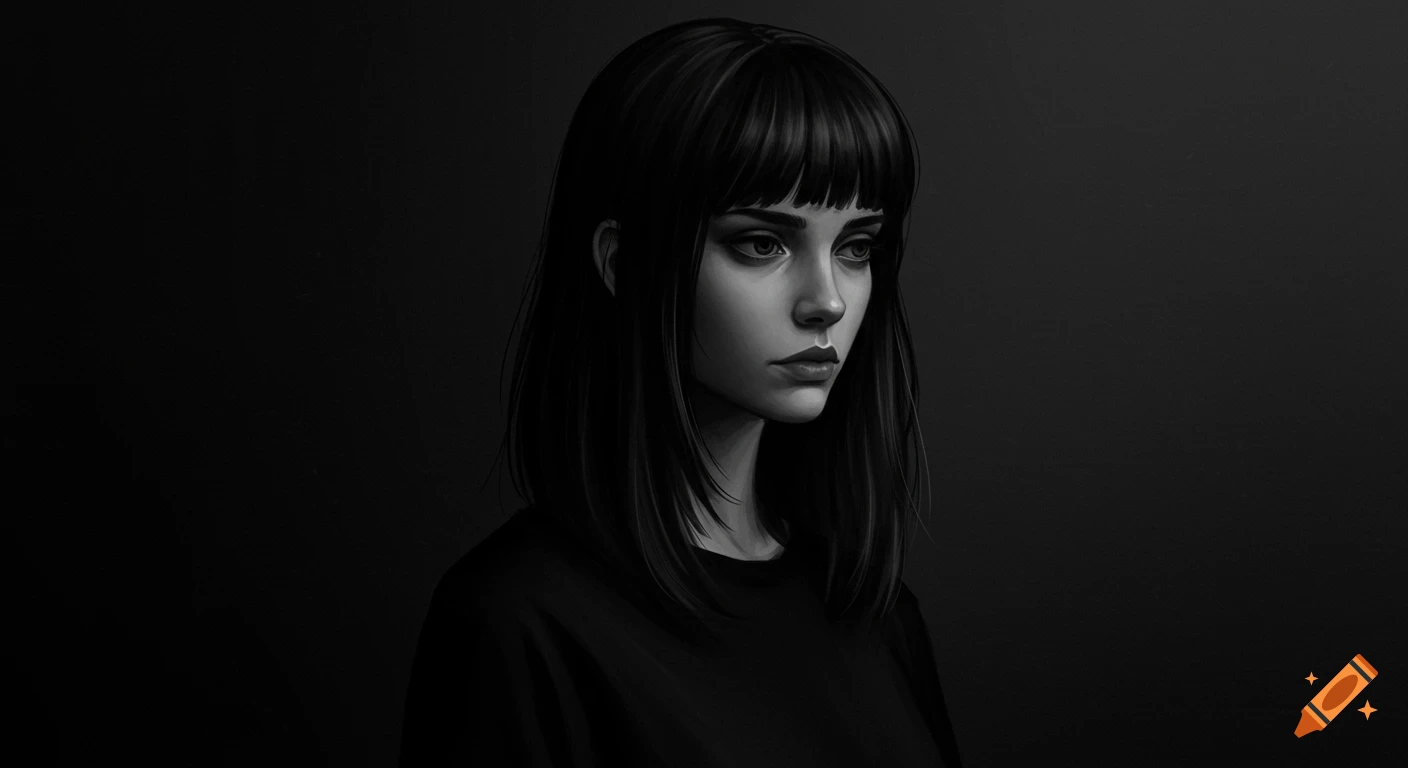 Monochrome digital painting of a melancholic woman with bangs, looking down against a dark background.