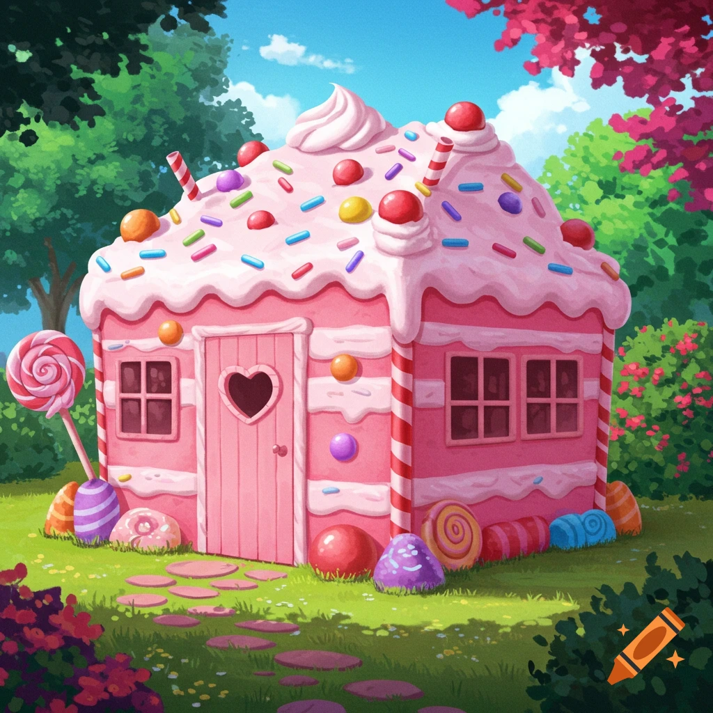A whimsical pink cake house with white frosting, colorful sprinkles, and candies, set in a vibrant green landscape with blue sky, in a cartoon style.