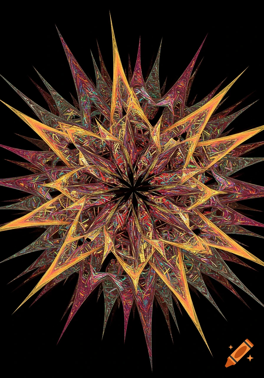 A vibrant, spiky fractal form with yellow, orange, red, and green intricate patterns on a black background.