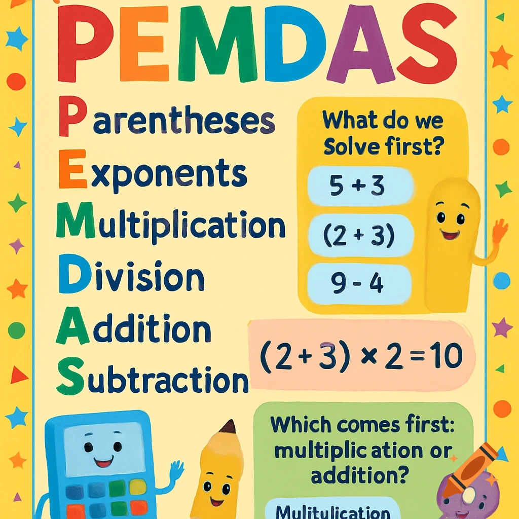 A colorful educational poster explaining PEMDAS for elementary students, featuring cartoon math characters, examples, and questions.
