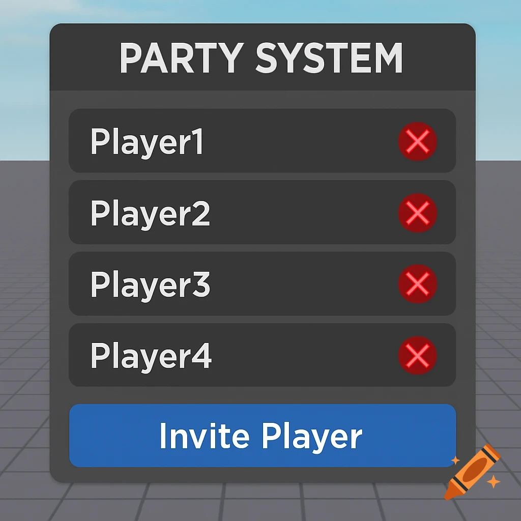 A dark grey GUI panel for a party system in Roblox Studio, showing player names, remove icons, and an 'Invite Player' button.