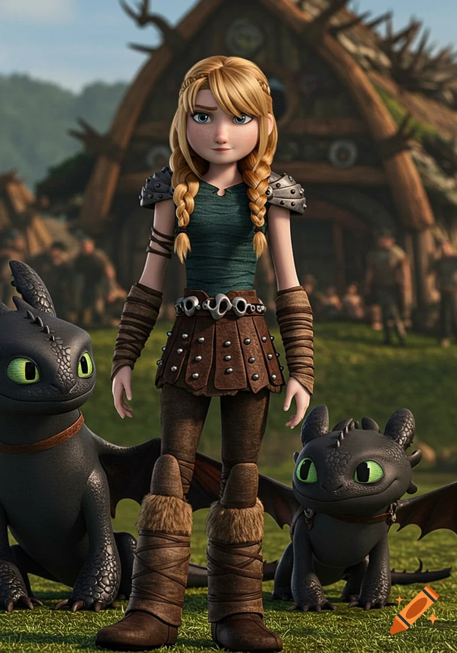 Astrid Hofferson stands between two small black dragons in a grassy field in front of a wooden Viking-style building, in a 3D animation style.