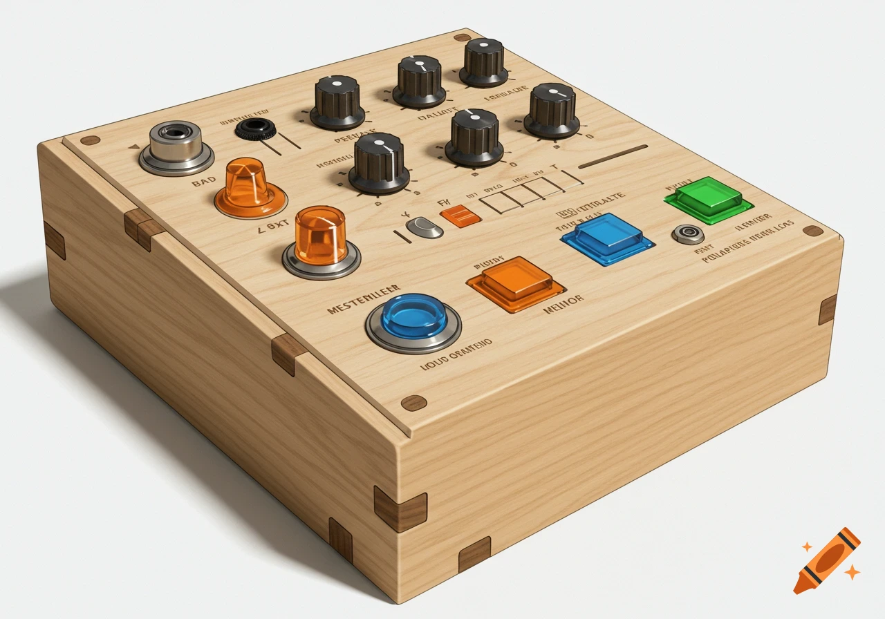 A custom electronic device with a light wood casing, featuring black knobs, orange and blue translucent buttons, and etched labels on a white background.