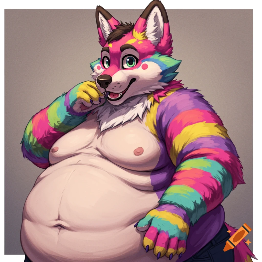 A morbidly obese fursuiter with rainbow-striped fur on its arms and head, and an exposed belly, smiling.