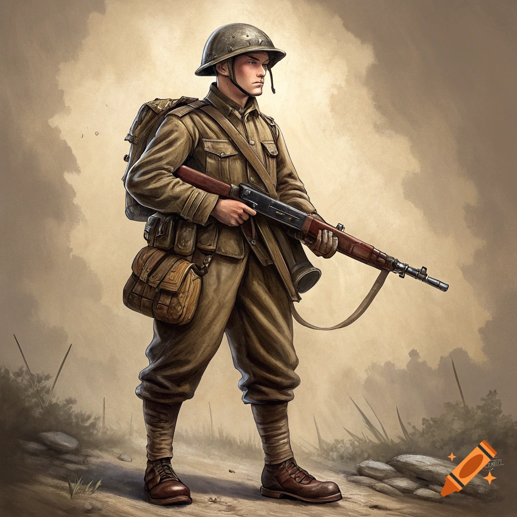 A full-body illustration of a soldier in a beige uniform and helmet holding a rifle, standing on a dusty ground.