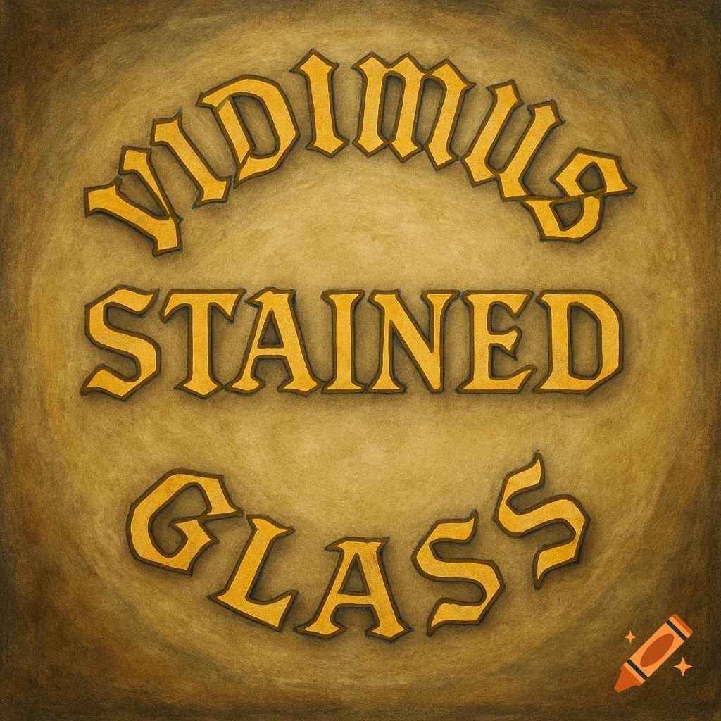 Old English style text 'VIDIMUS STAINED GLASS' arranged in an arc on a textured, warm-toned background.
