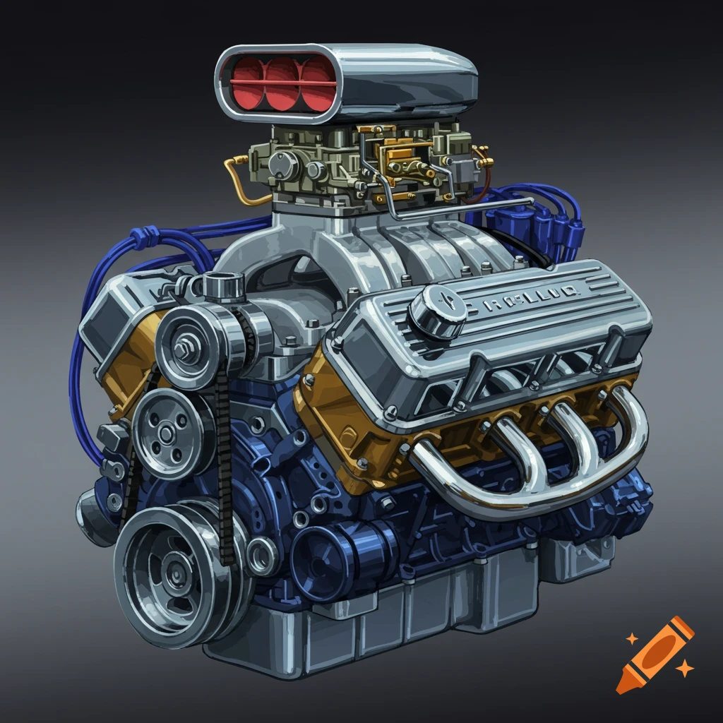 An illustrated V8 engine with a supercharger, featuring blue and gold accents on a dark background.