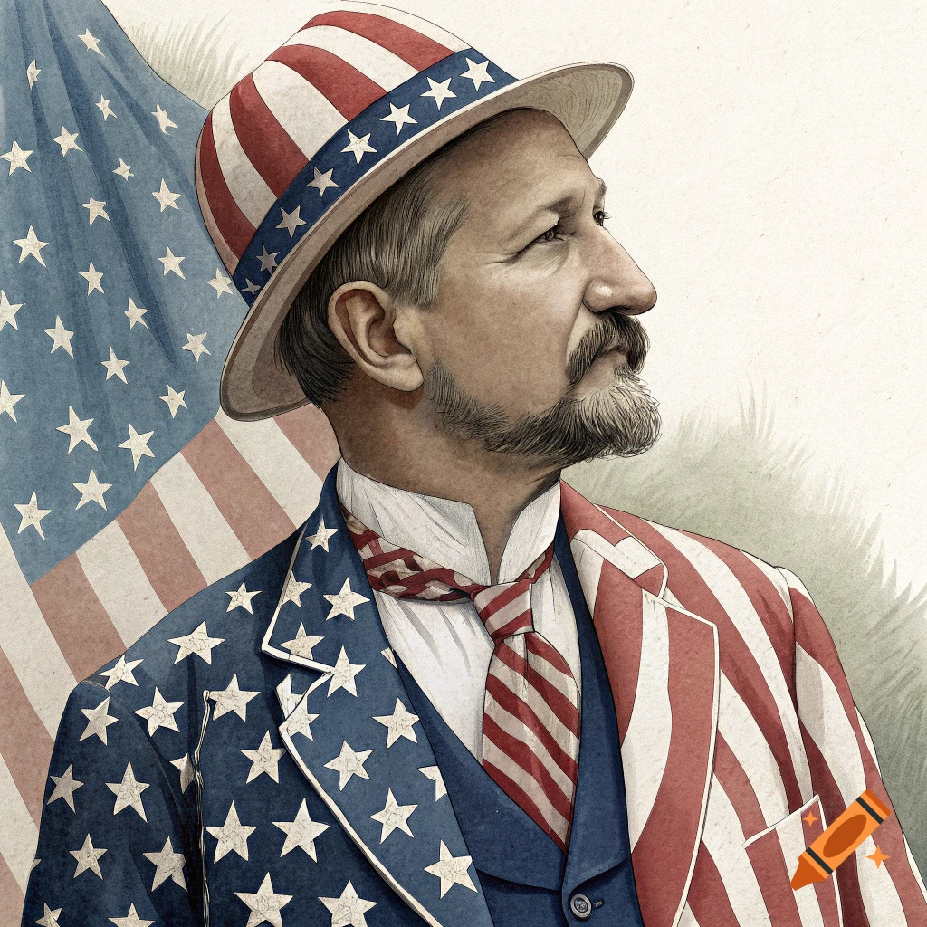 An illustration of a bearded man in an American flag-themed suit and hat, with an American flag backdrop.