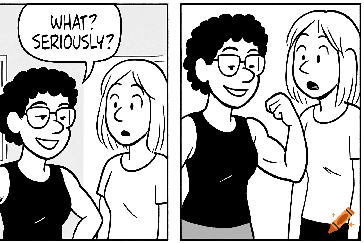 Two-panel black and white comic strip. A woman with glasses flexes her arm for a surprised friend.