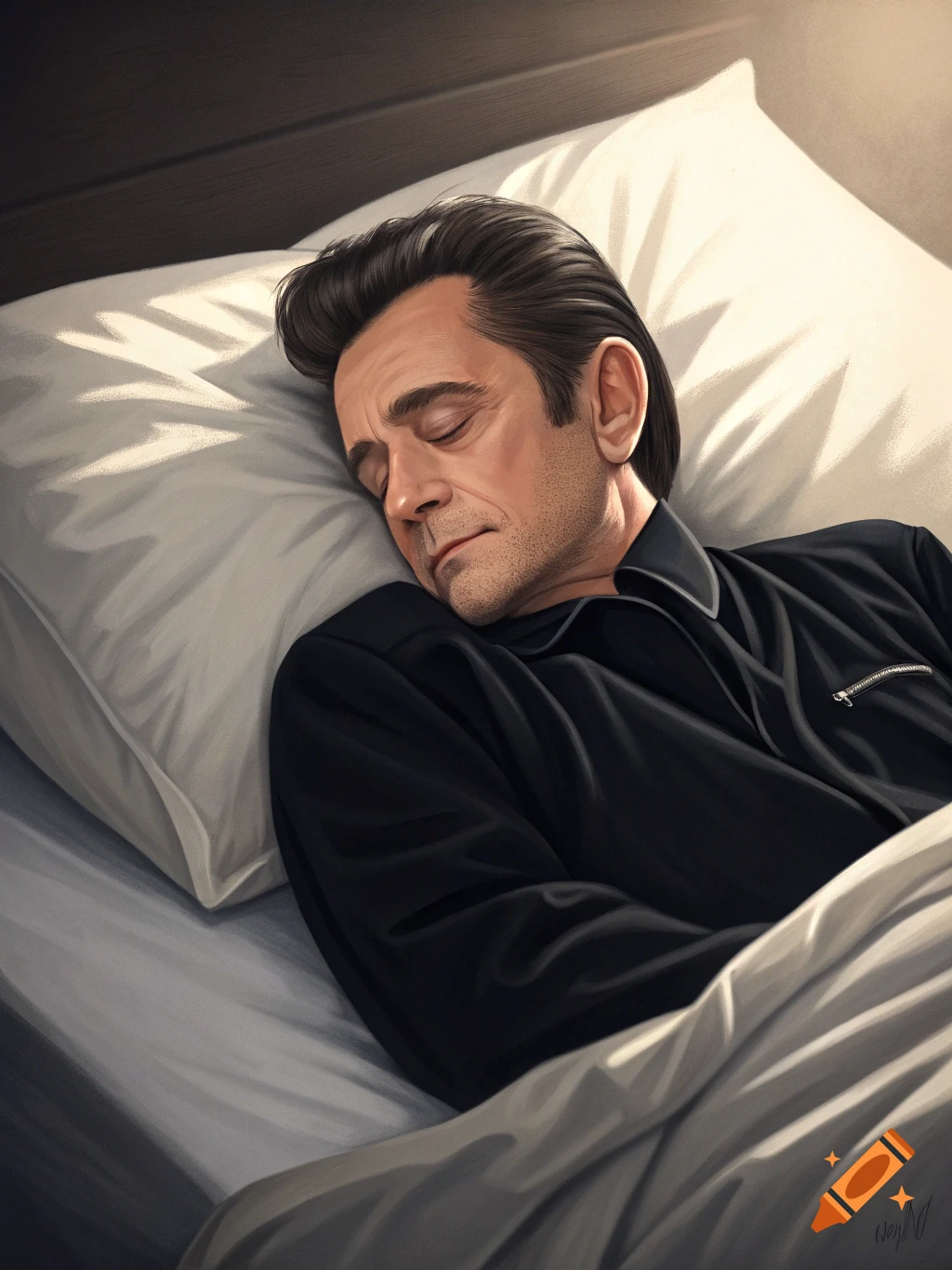 Digital painting of Johnny Cash sleeping peacefully in bed, bathed in sunlight.