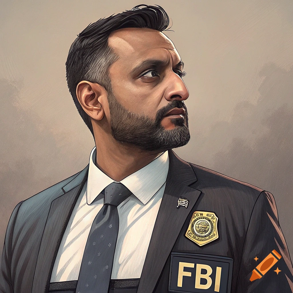 A man with a beard and dark hair, wearing a suit and tie, with an FBI patch and badge on his lapel, looking to the side in a stylized portrait.