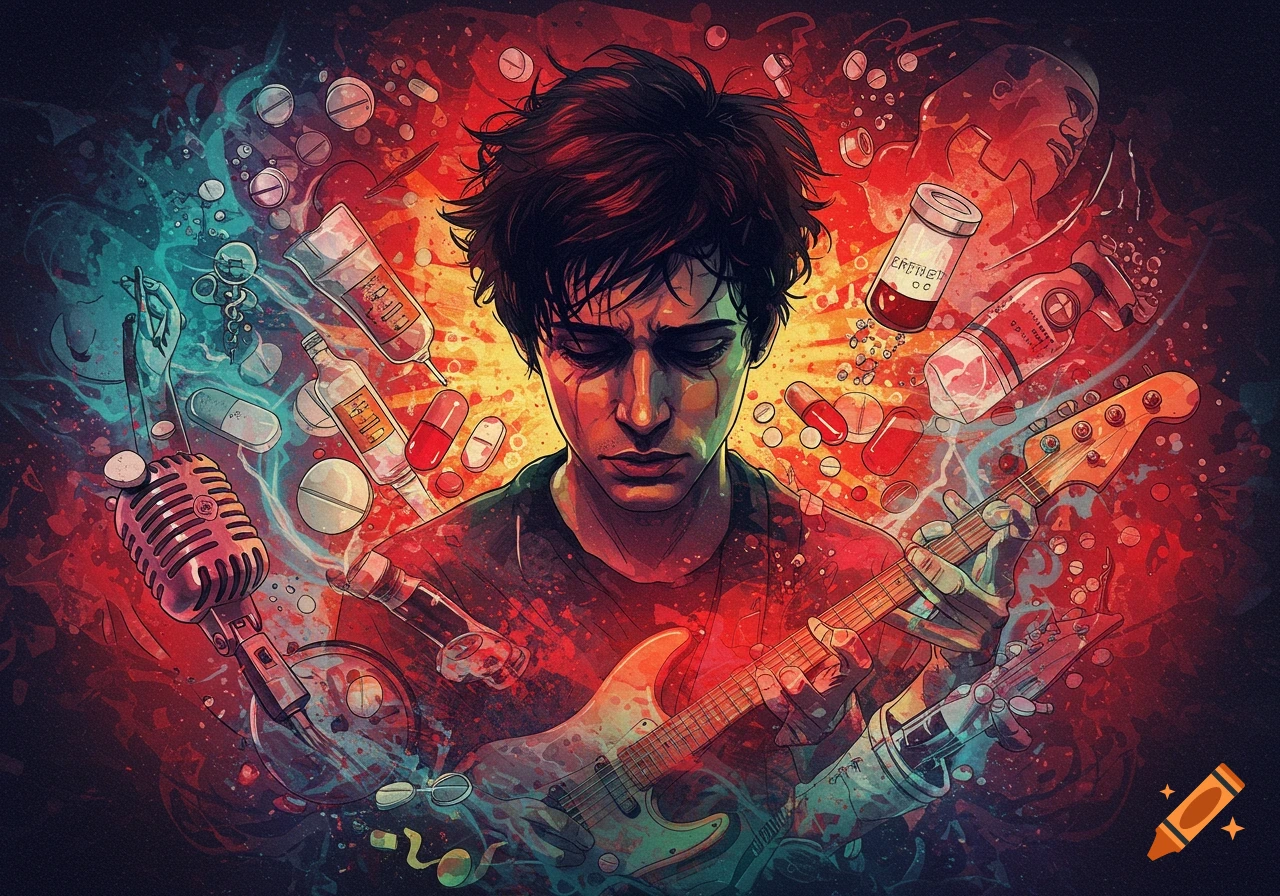 A man with a somber expression holds a guitar, surrounded by scattered pills, bottles, and a microphone, in a vibrant, chaotic illustration.
