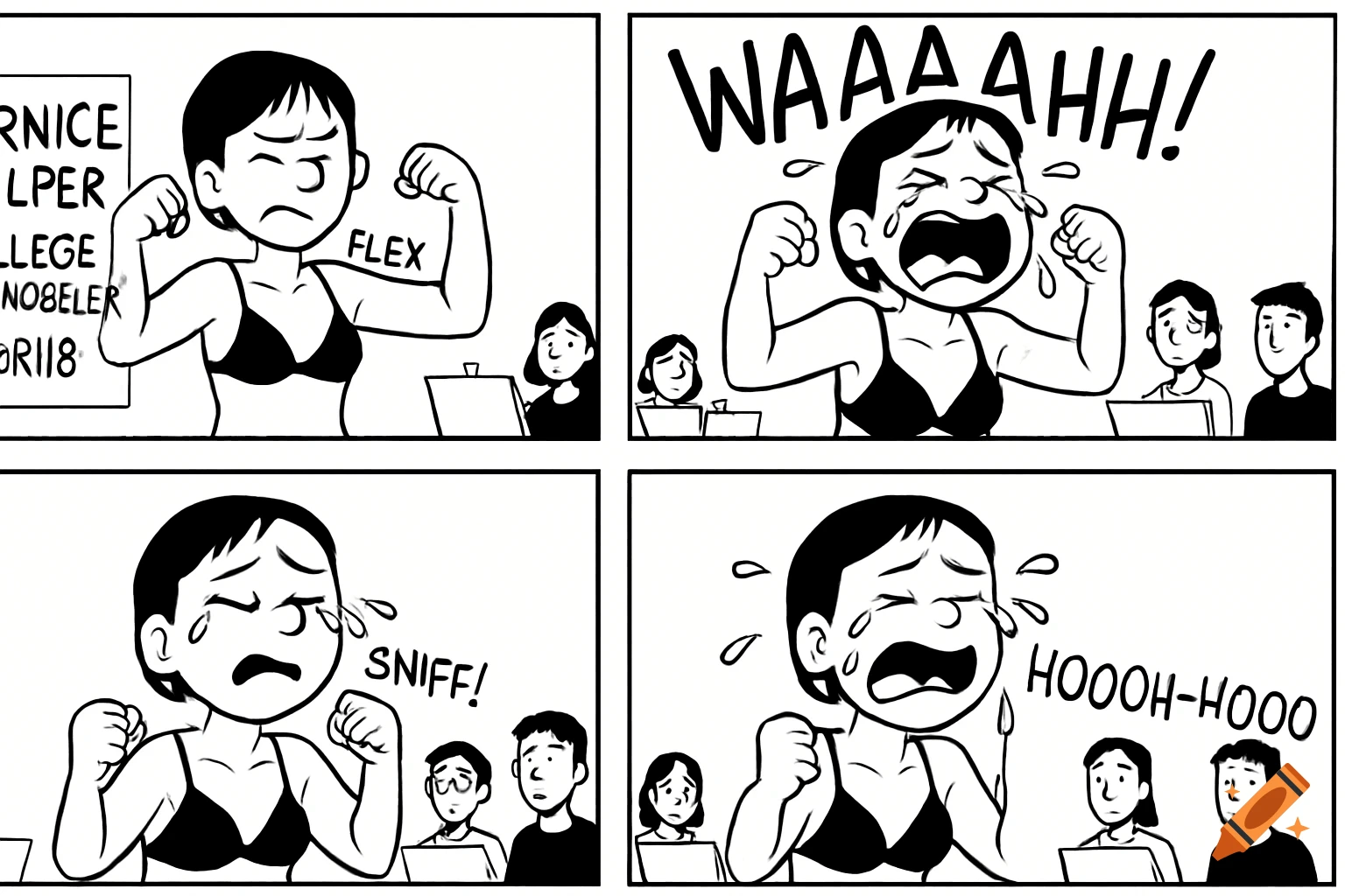 A four-panel black and white comic strip shows a woman in a bra flexing, then crying loudly, sniffing, and bawling, as other students watch.